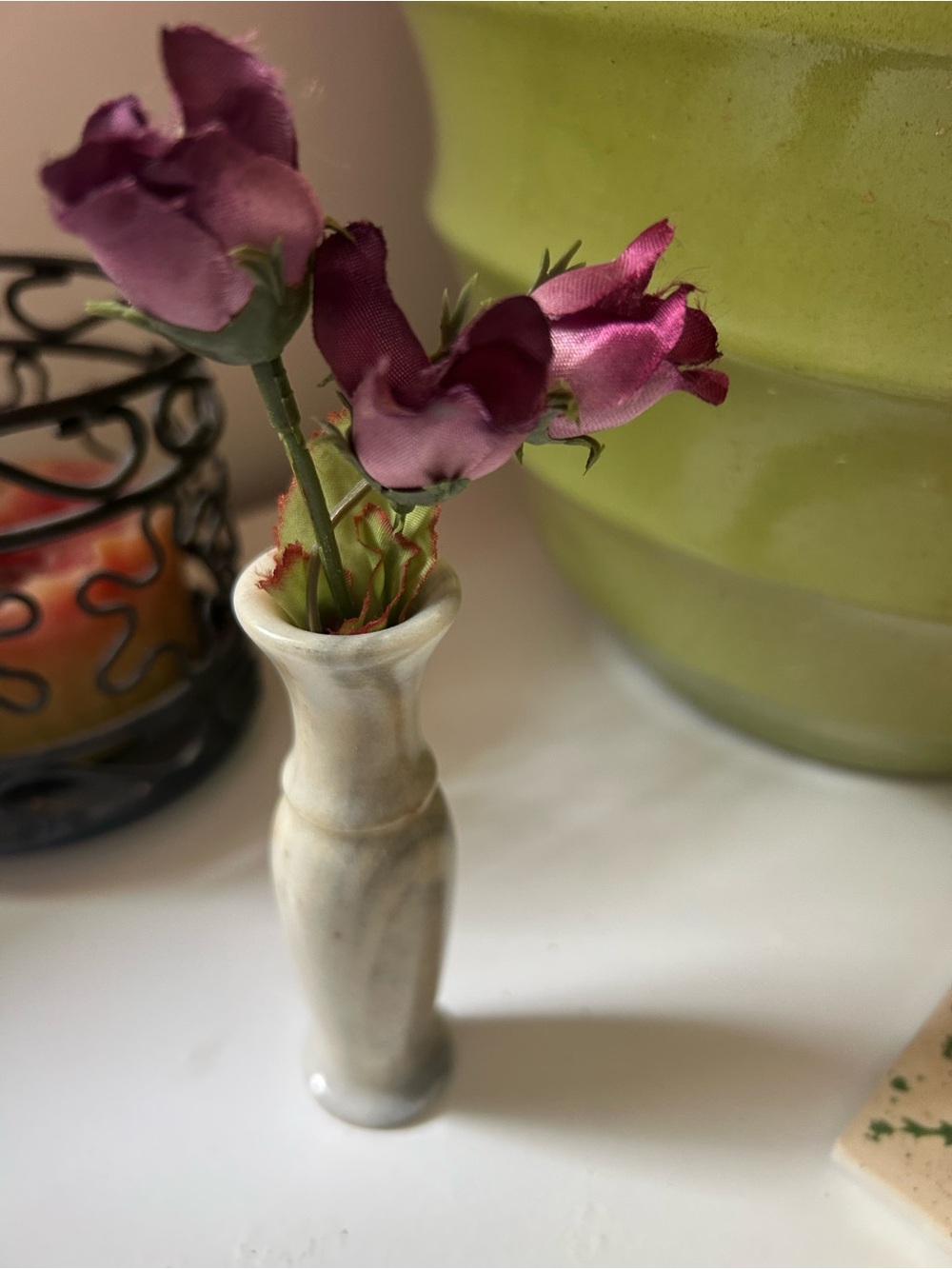 Purple Silk Rose Buds in Ivory Marble-Look Vase - Home Accent